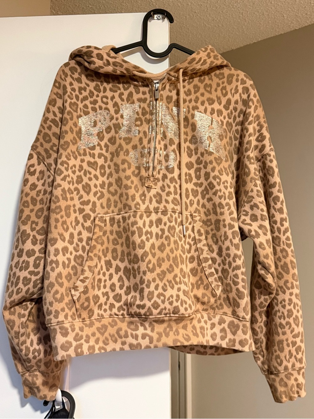 PINK (Victoria’s Secret) Leopard Print Half-Zip Hoodie Jacket - Tan
